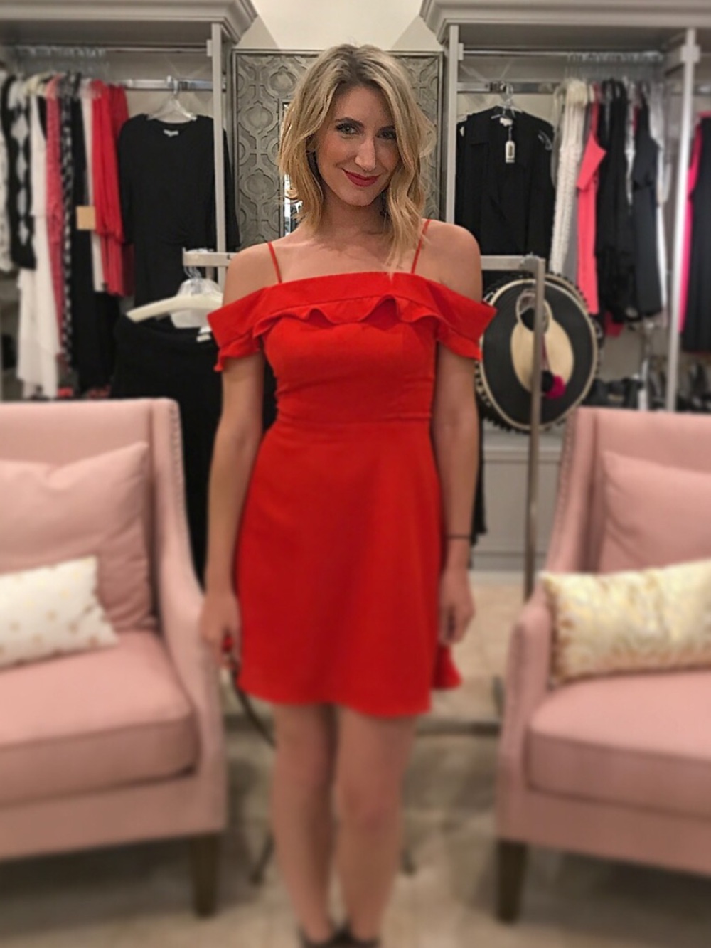 essue Red Off-Shoulder Ruffle Mini Dress